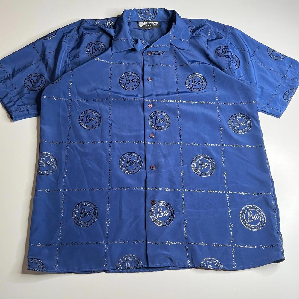 Brooklyn Xpress Blue Pattern Button-Up Shirt Men’s XL Made in Korea 100% Polyest